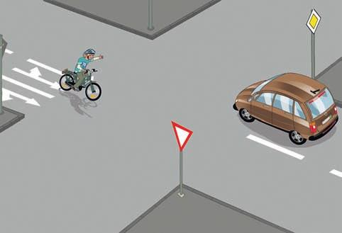 Ben will mit seinem Fahrrad in die Breite Straße links abbiegen. Ein Pkw kommt ihm entgegen. Die Vorfahrt ist durch Verkehrszeichen geregelt.