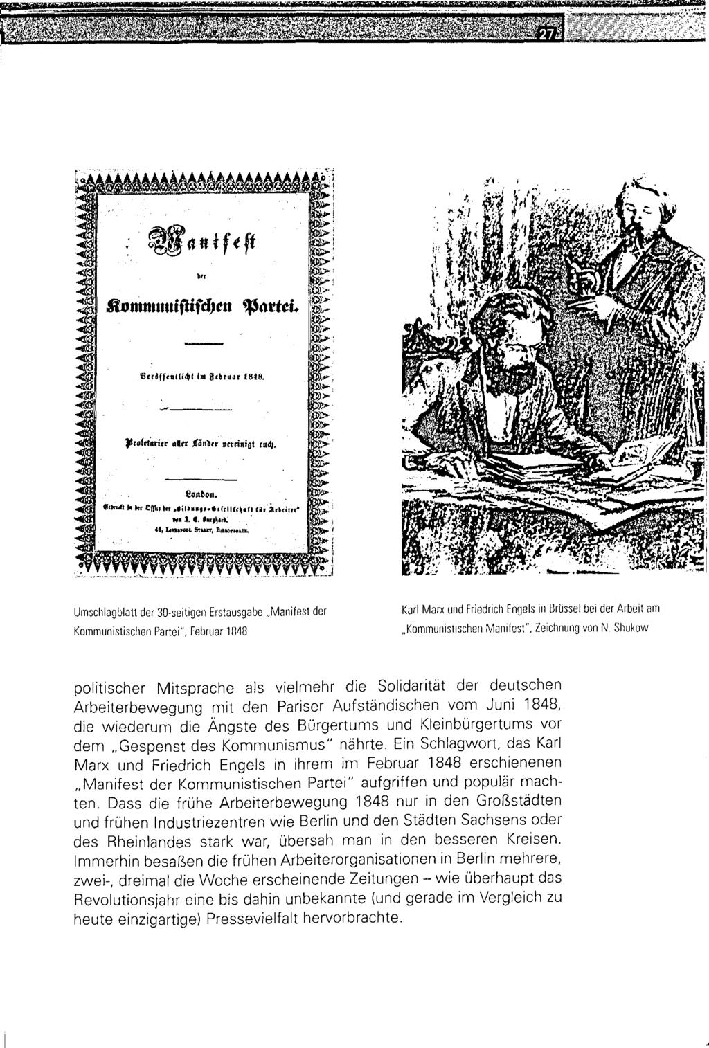 Umschlagblatt der 30-seitigen Erstausgabe Manifest der Kommunistischen Partei", Februar 1848 Karl Marx und Friedrich Engels in Brüssel bei der Aibelt am Kommunistischen Manifest". Zeichnung von N.