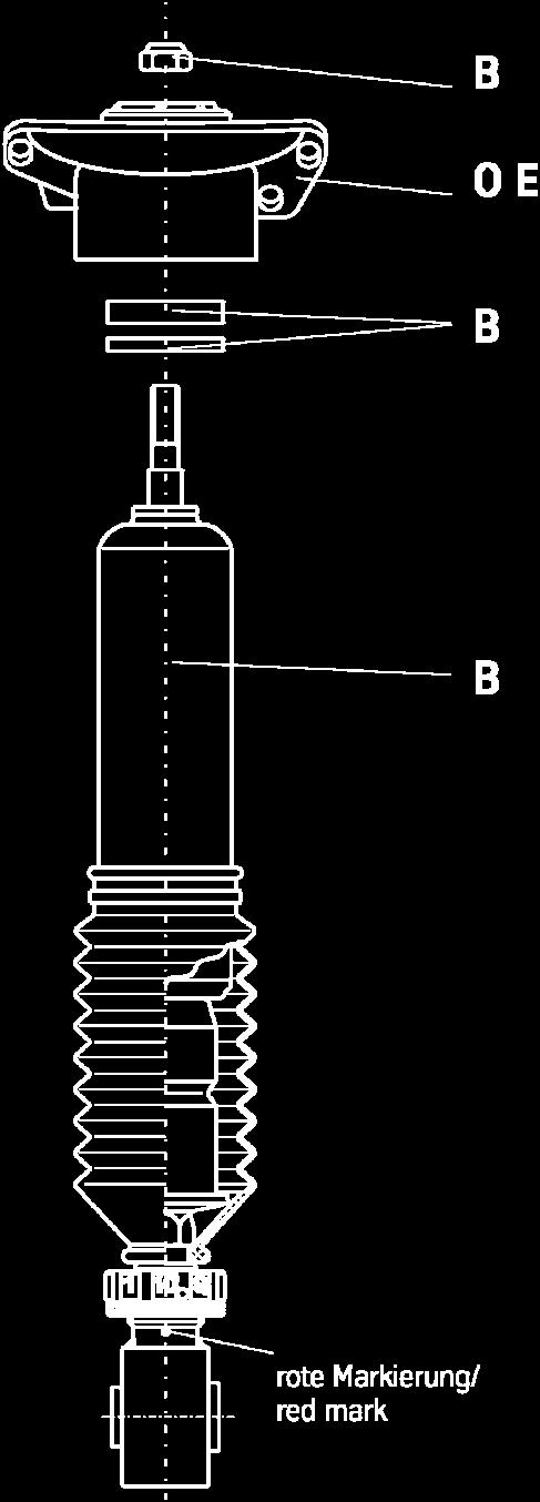 Einbau BILSTEIN Anbauteile, siehe Darstellung unten, montieren. BILSTEIN- Stoßdämpfer in umgekehrter Reihenfolge, analog zum Ausbau, montieren.
