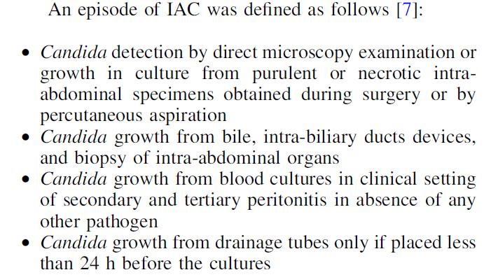 DIAGNOSTIK ABDOMINELLE CANDIDIASIS Problem: der Nachweis von Candida in Abstrichen bedingt nicht zwangsläufig die Diagnose der intraabdominellen Candidiasis Eine Candidämie tritt wahrscheinlich nur