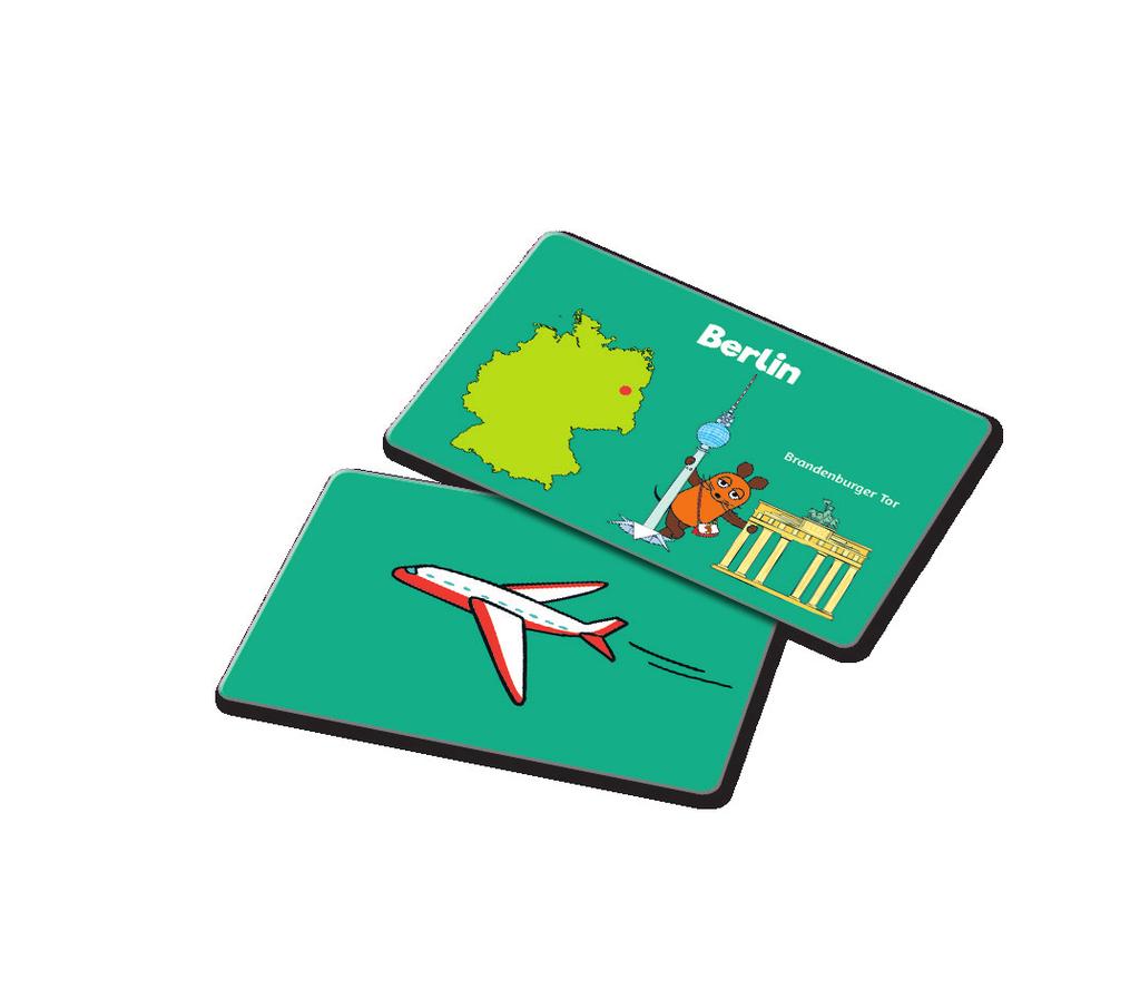 Mischt die Reisezielkarten mit der Maus auf der Rückseite und verteilt an jeden Spieler 4 Karten. Mischt die Reisezielkarten mit dem Flugzeug auf der Rückseite und verteilt an jeden Spieler 1 Karte.