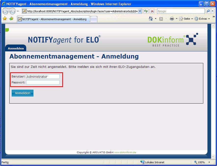 Der Abo-Mananger wird im Browser gestartet, der Anwender meldet sich mit seinem ELO Benutzernamen und