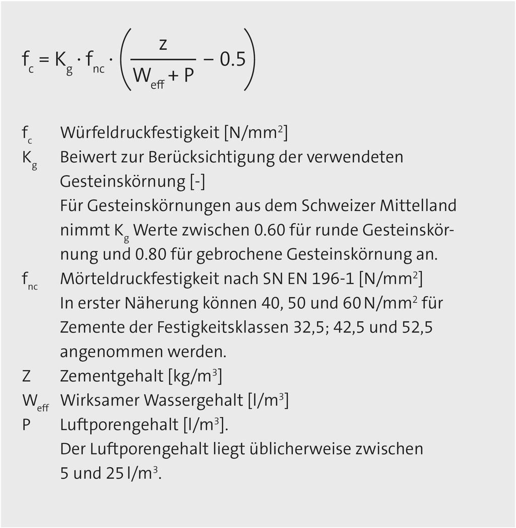Gl. 3.8.2 Gleichung 3.8.2 ist für Normalbetone mit einem w/z- Wert von 0.40 bis 0.65 anwendbar.
