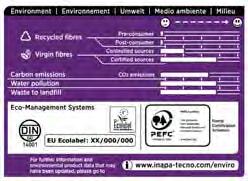 Aufgedruckt auf allen inapa tecno-verpackungen bewertet der UPI in leicht verständlicher Form die Umweltleistungen des Papiers nach Faserherkunft, CO2-Emissionen, Gewässerbelastung und