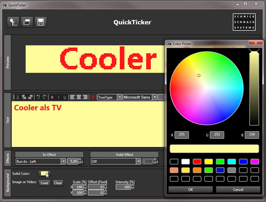 bedienungsanleitung quickticker Hintergrund bearbeiten Für die Gestaltung des Hintergrundes gibt es im QuickTicker zwei Optionen: 1. einfarbiger Hintergrund (Solid Color) 2.