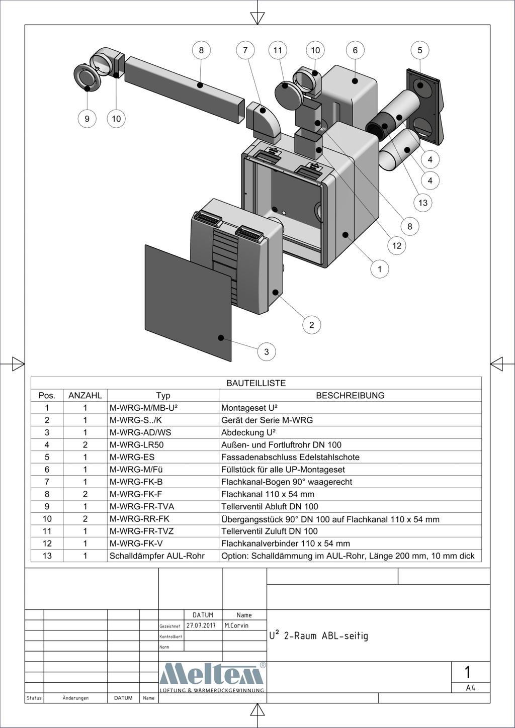 Lüftungsgerät Serie M-WRG Einbauvariante U² mit Standardfassadenabschluss (Herstellerzeichnungen) S:\m\proj\133\m133600\m133600_01_pbe_2d.