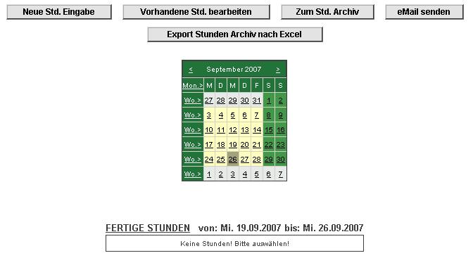 Vorhandene Stunden bearbeiten c) Zum Stunden Archiv d) E-Mail senden e) Export