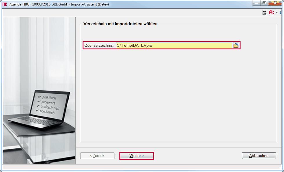 Seite 3 2. Sach- und Personenkonten sowie Buchungen importieren 1. Mandant und Wirtschaftsjahr in Agenda FIBU öffnen. 2.»Transfer DATEV-Import Assistent«.