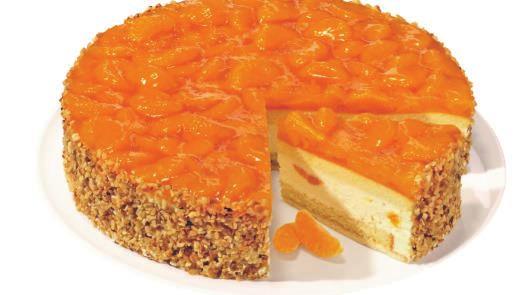 2450g 150084 Pfirsich-Rahm-Käse-Torte Der cremige Rahm-Käse-Kuchen mit Mürbeteigboden ist mit aromatischen Pfirsichspalten belegt und mit Guss besprüht.