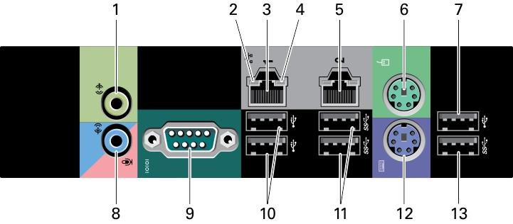 3. Optisches Laufwerk 4. Auswurftaste für optisches Laufwerk 5. USB-2.0-Anschlüsse (3) 6. Festplattenaktivitätsanzeige 7. Mikrofonanschluss 8. Kopfhöreranschluss 9. Diagnoseanzeigen (4) 10.