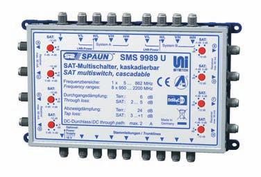 Multischalter SMS 9989 U, kaskadierbar, mit einem Stammein- und ausgang für die passive Terrestrik, acht Stammein- und ausgängen für die SAT-ZF-Ebenen sowie acht Teilnehmerausgängen.