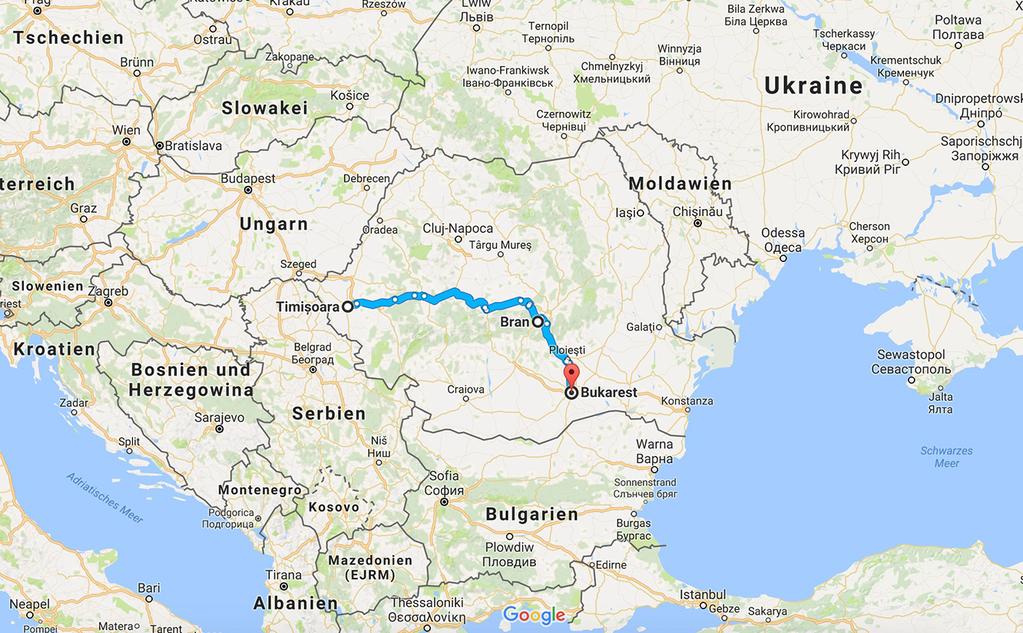 Quelle: Google Maps Unser Roadtrip durch Rumänien: 1. Stop Timisoara In Timisoara haben wir am Flughafen unseren Mietwagen abgeholt.