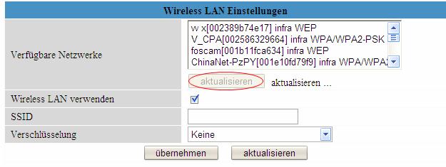 Klicken Sie auf den Scan Schalter und die Kamera erfasst alle WIFI Geräte in der Umgebung. Ihr Router sollte auch in dieser Liste erscheinen. (Abbildung 1.