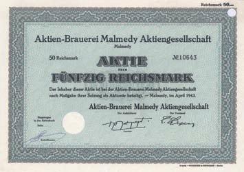 1978 auf die Dortmunder Union-Schultheiss-Brauerei AG (1988 umbenannt in Brau und Brunnen AG, seit 2004 Teil der Radeberger Gruppe) verschmolzen. Rückseitig 4 Stempel Dividende bezahlt. Auflage 29.