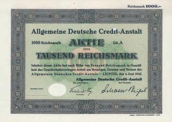 Nr. 117 Nr. 117 Schätzpreis: 185,00 EUR Allgemeine Deutsche Credit-Anstalt Aktie Lit. A 1.000 RM, Blankette Leipzig, 4.6.