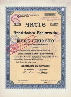 133 Schätzpreis: 250,00 EUR Arensdorfer Braunkohlenwerke u. Brikettfabrik AG Aktie 1.000 Mark, Nr. 493 Zielenzig, ohne Datum (nach 8.12.1921) Auflage 1.245 (R 10). Gründung 1921, bis 11.4.1921 lautete die Firma Plastische Kunst AG mit Sitz in Berlin.