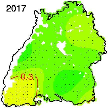 Waldzustandsbericht 2017 Kronenzustandserhebung Fichte Tanne Kiefer Buche Eiche Esche gering mittel hoch Abb.