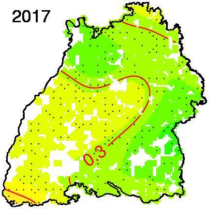 Gebiete höherer Blattverluste der Buchen reichen über den gesamten Schwarzwald bis ins Neckarland hinein.