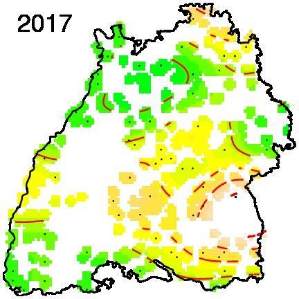 Hierfür mitverantwortlich sind erhöhte Fraßschäden durch Schmetterlingsraupen, v.a. im nördlichen Teil von Baden-Württemberg.