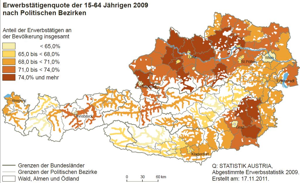 Erwerbstätigenquote der 15-64 Jährigen 2009 nach politischen Bezirken 76,3 Rohrbach 76,2