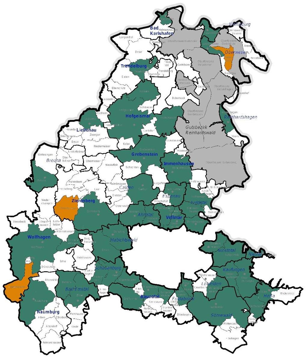 Grundschulstandorte 50 Grundschulen im Landkreis Kassel 2012 2017 schließen 3 Standorte (orange) Eingangsstufe Grundschule: mindestens 13 Schüler Prognose für Einschulungen 2017/18: 6 Schulen < 13