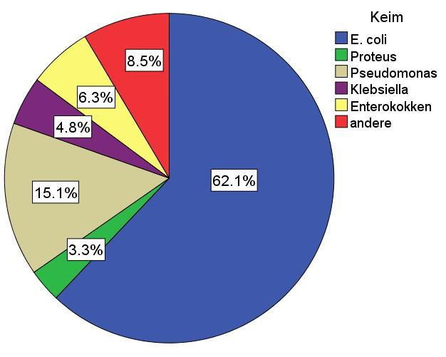 Abbildung 6: Prozentuelle Verteilung der Erreger der HWI im Kindesalter von PatientInnen ohne bzw. mit Nieren- oder Harntraktpathologien (Gruppe A, links, bzw. Gruppe B, rechts).
