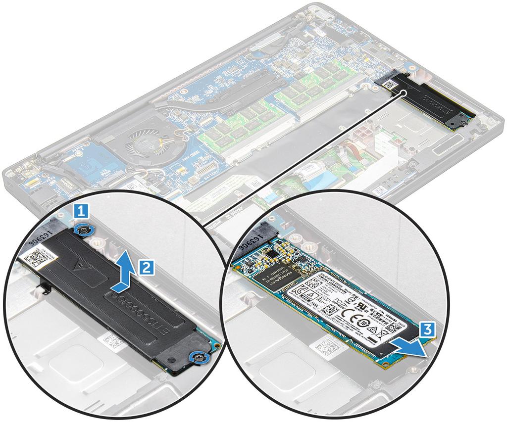 Installieren eines PCIe-SSD-Laufwerks 1 Schieben Sie die PCIe-SSD-Karte in den entsprechenden Anschluss. 2 Installieren Sie die SSD-Halterung über der PCIe-SSD-Karte.