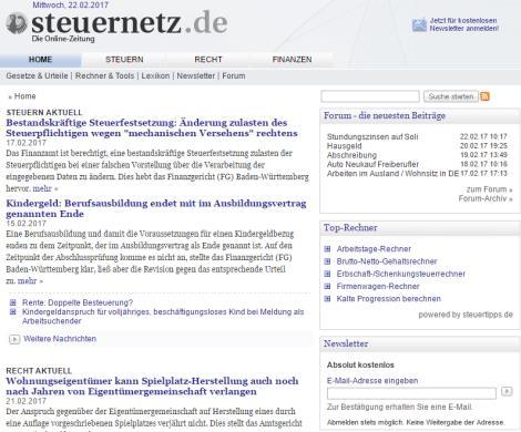 Das reichweitenstärkste Online-Rechtsmagazin Factsheet steuernetz steuernetz.de steuernetz.de ist eines der führenden Portale zu den Themen Steuern, Recht und Finanzen im deutschsprachigen Internet.