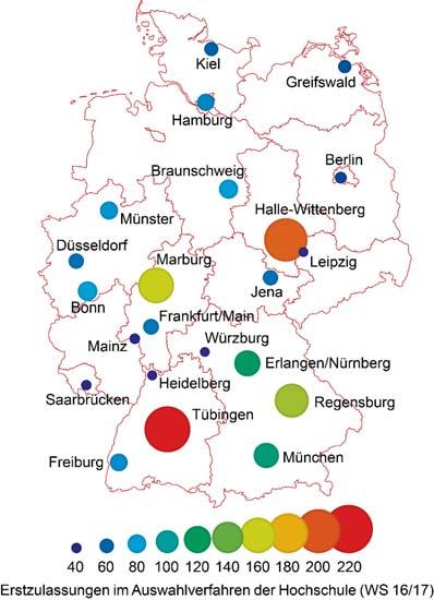 Bewerber pro Studienplatz Anzahl der Zulassungen sind in Tübingen spitze: WS17/18 WS16/17 WS15/16 WS14/15 WS13/14 ABQ 21 (Platz 1) 20 (Platz 1) 16 (Platz 2) 10 (Platz 14) 20 (Platz 1) AdH 202 (Platz