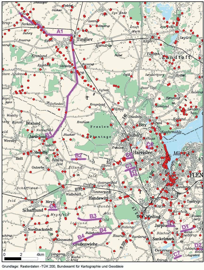 Abbildung 5: Ausgewertete Bohrungen und seismische Profile im Projektgebiet (Bohrpunkte rot, Seismische Profile violett) Morphologie der Quartärbasis.