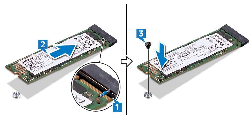 3 Drücken Sie das andere Ende der SSD/des Intel Optane-Speichers herunter und bringen Sie die Schraube (M2x3) wieder an, mit der die SSD/der