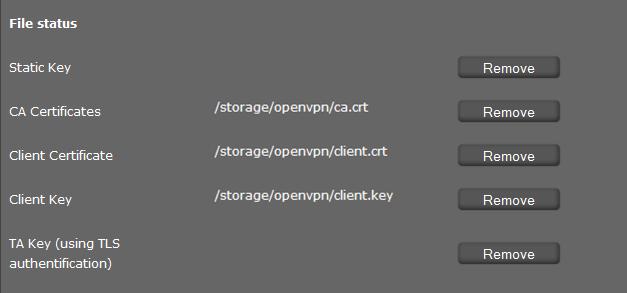Dateien mit Zertifikaten und Schlüsseln laden Einstellungen des Telefons über Web-Konfigurator Im unteren Bereich der Seite laden Sie die Zertifikate und Schlüssel für die OpenVPN-Verbindung in Ihr