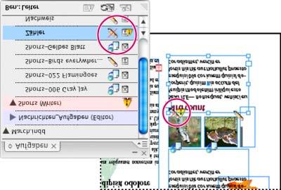 Aufgabenbedienfeld mit den Symbolen Wird verwendet und Veraltet (links) und Layout mit dem Symbol Veraltet (rechts) 4. Der InDesign-Benutzer aktualisiert den Inhalt.