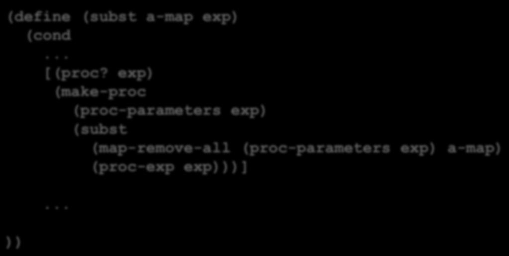Thema 8: Interpreter-basierte Semantik: Meta-Interpreter für ein Teil von Racket - Auswertung in einer Umgebung Substitution innerhalb von Prozeduren (define (subst a-map exp) (cond... [(proc?