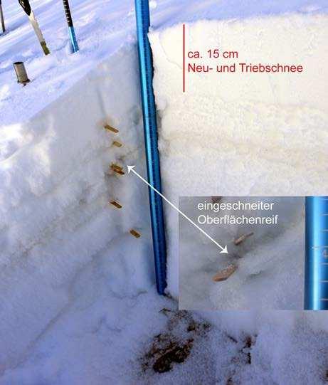 Abbildung 57: Blick auf das Schneeprofil (links, aufgenommen zwei Tage später) und den Lawinenanriss (rechts, aufgenommen am Unfalltag).
