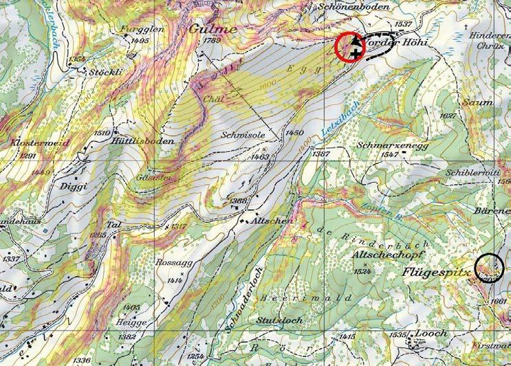 Schnee und Lawinen in den Schweizer Alpen 2014/15 Abbildung 63: Kartenausschnitt des Unfallgebietes (swisstopo-lk, abgebildet im Massstab 1:25 000) mit der ungefähren Aufstiegsroute (schwarze,