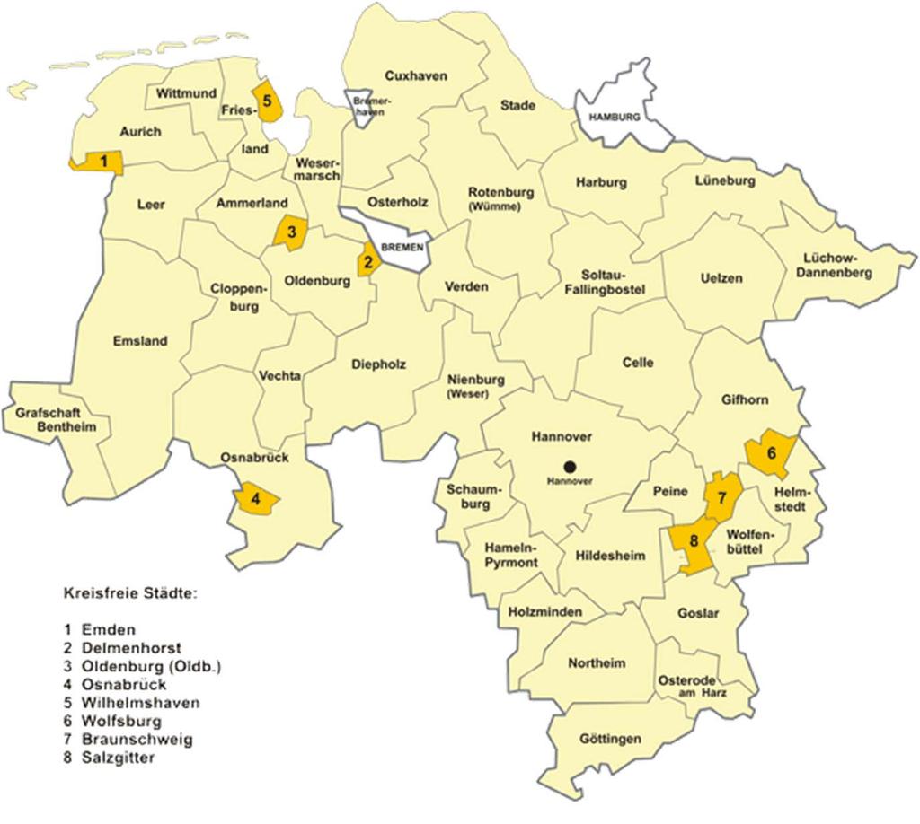 Niedersachsen 37 Landkreise (einschließlich der Region Hannover) und acht kreisfreie Städte -