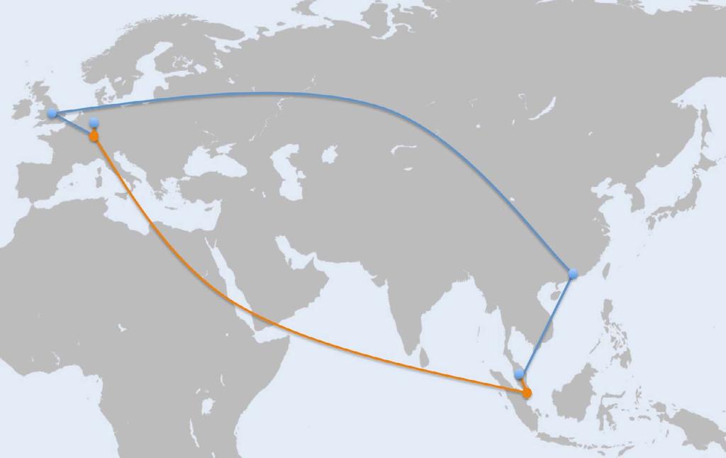 4.1.3.4 Karte der Teilstrecken der bekannten interkontinentalen Route UDE UKM Für eine geografische Routendarstellung können die identifizierten Netzwerkknoten auf einer Weltkarte eingetragen werden.