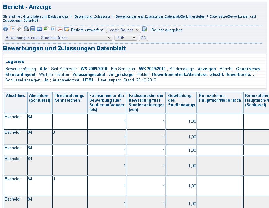 11 2.2.3 JasperReport Bericht: Bewerbungen und Studienplätze Aus der Maske "Bewerbungen und Zulassungen Datenblatt" kann auch direkt ein JasperReport Dokument erzeugt werden.