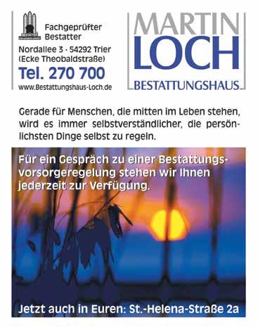 Wichtige Telefonnummern / Notrufe Hospiz-Verein Trier 0651 44656 Krebsberatung 0651 40551 Notruf für vergewaltigte und von sexueller Gewalt betroffene Frauen und Mädchen e. V.
