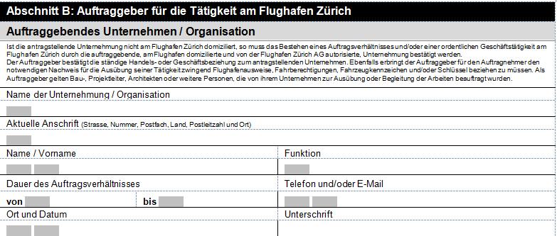2.1.2. Abschnitt B: Auftraggeber für die Tätigkeit am Flughafen Zürich Gemäss Hinweis auf Antrag, nur für Firmen ohne Niederlassung am Flughafen Zürich.