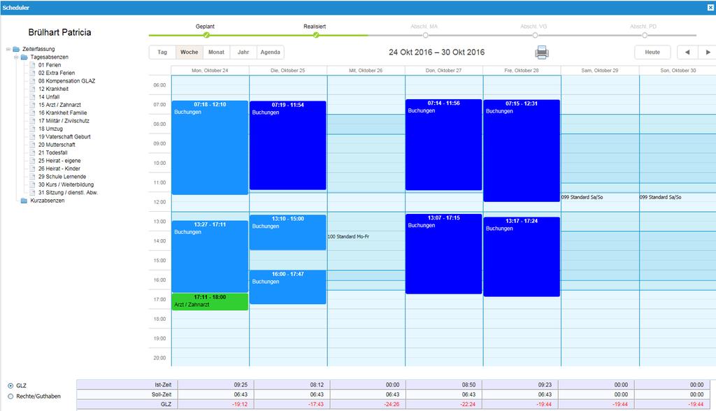 (Anzeige in Stunden + Tagen). Die Kalenderübersicht können Sie in jeweils unterschiedlichen Ansichten (Tag, Woche, Monat etc.