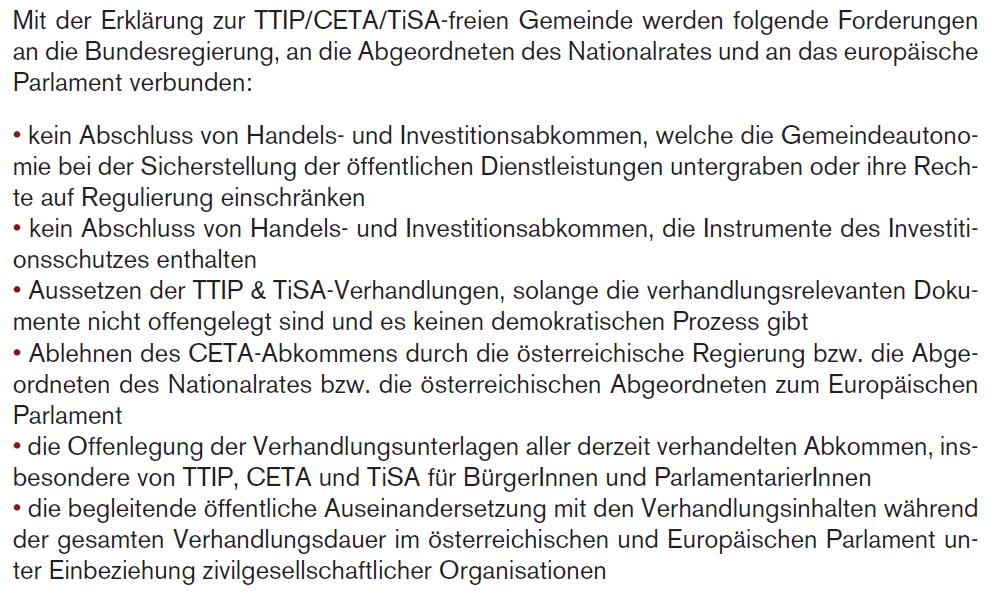 Der Gemeindevorstand hat sich in seiner letzten Sitzung dazu entschlossen, sich zu einer TTIP/CETA/TiSA-freien Gemeinde zu erklären und eine entsprechende Resolution zu beschließen.