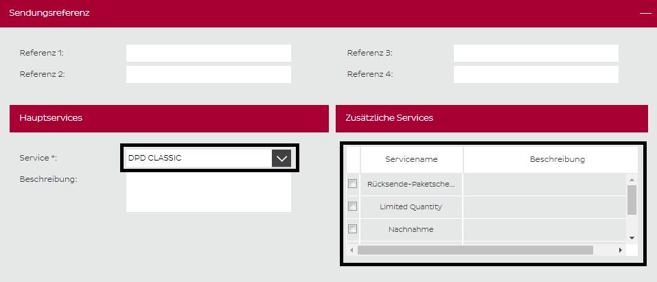 Serviceparameter zeigt Informationen zu den ausgewählten Services. Für gewisse Zusatzleistungen (wie NN, Predict etc.