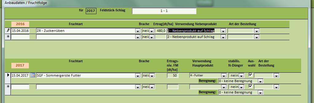 Eingabe Vorfrucht Besonderheit Zuckerrübe