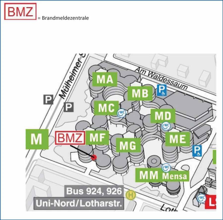4a. Lageplan M-Bereich Mülheimer Straße, Campus Duisburg (Darstellung zur Verortung der Brandmeldezentrale) Wodurch wird Alarm ausgelöst? Wer wird alamiert? Wie wird alarmiert?