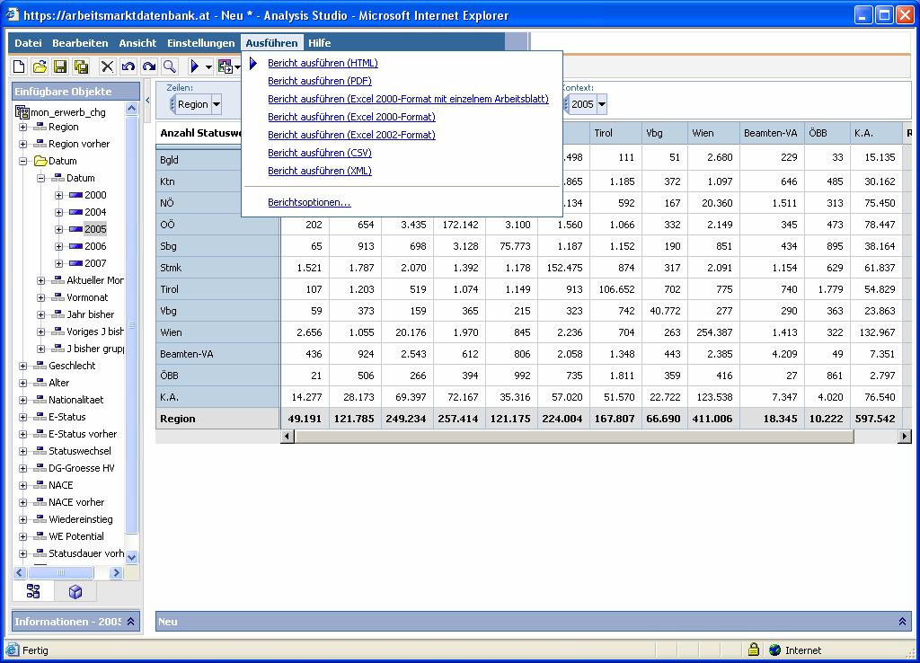 Excel-Export von kleineren Datenmengen (geringe Zahl von besetzten Zellen) Excel- oder csv-export ist bei kleineren Datenmengen (nur
