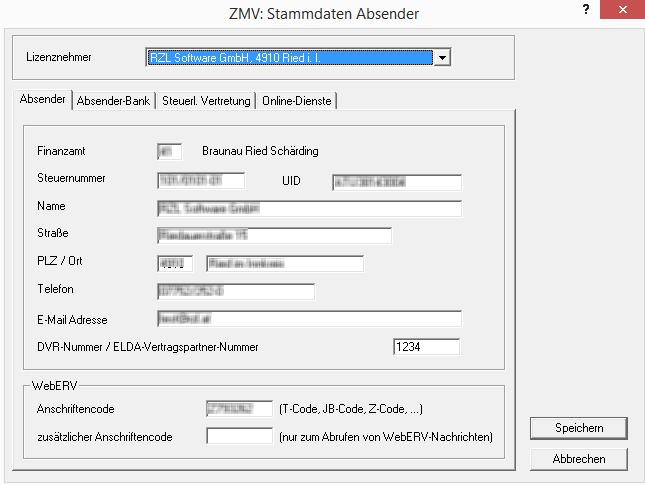 ÜBERMITTLUNG JAB MANZ 1. Technische Einstellungen für die Übermittlung mit MANZ 1.1 Eintragung ERV-Code in den Absenderstammdaten der ZMV Von der Firma MANZ erhalten Sie per E-Mail einen ERV-Code.