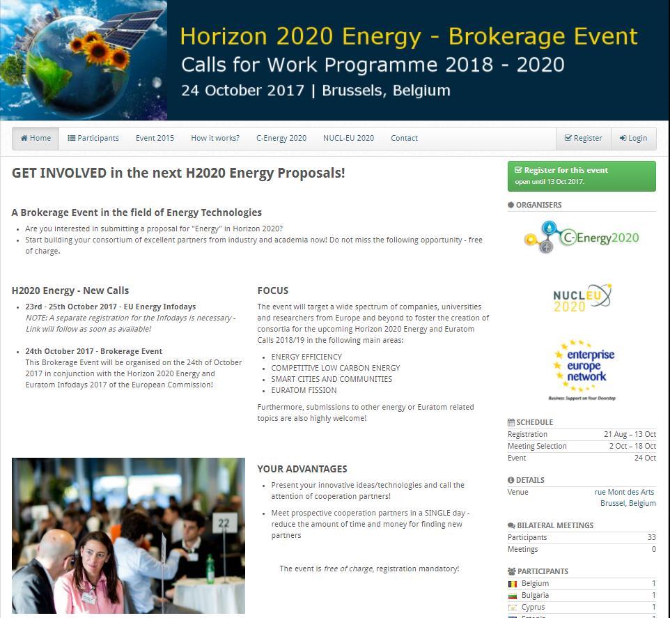Horizon 2020 Energy Brokerage Event Some Key Figures: ~280 B2B Participants ~ 500 Cooperation Profiles ~