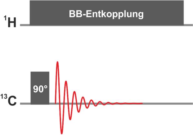 Experimente mit komplexeren Pulsfolgen Pulsfolge für die 1 H-Breitband- Entkopplung im 13 C-NMR-Spektrum sagt: Dauerhaftes Einstrahlen auf 1 H-Kanal